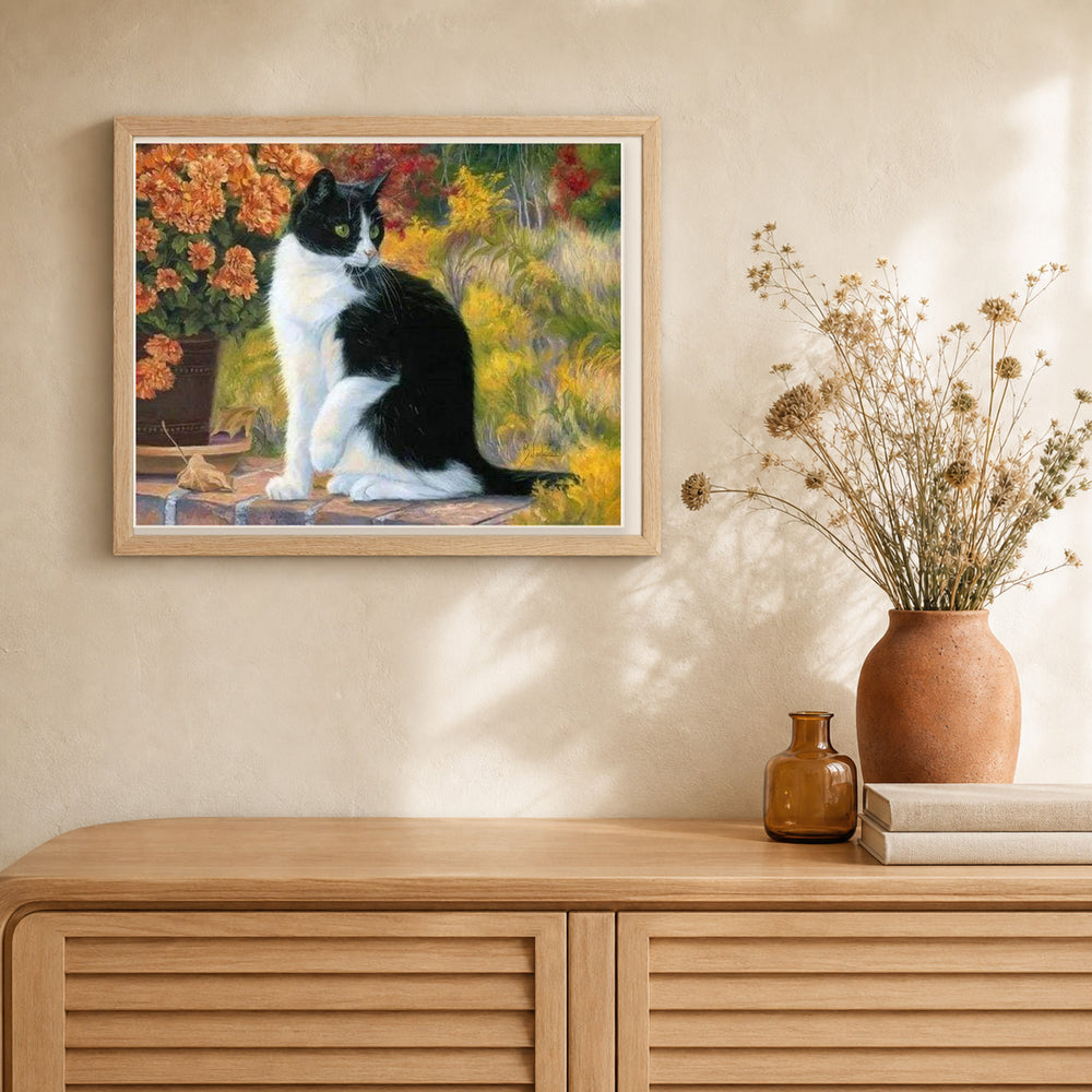 Black and White Cat artwork displayed in a warm interior