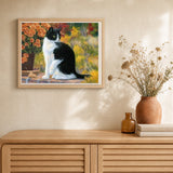 Black and White Cat artwork displayed in a warm interior