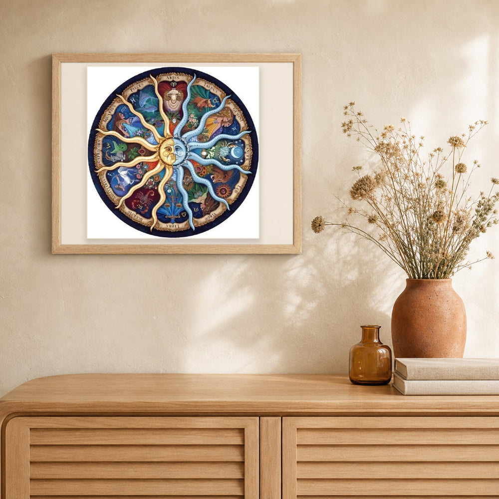 Zodiac artwork displayed in a warm interior