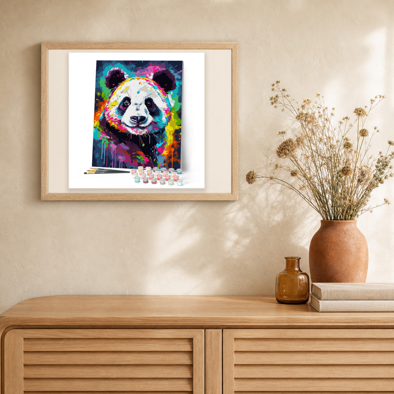 Colorful Abstract Panda artwork displayed in a warm interior