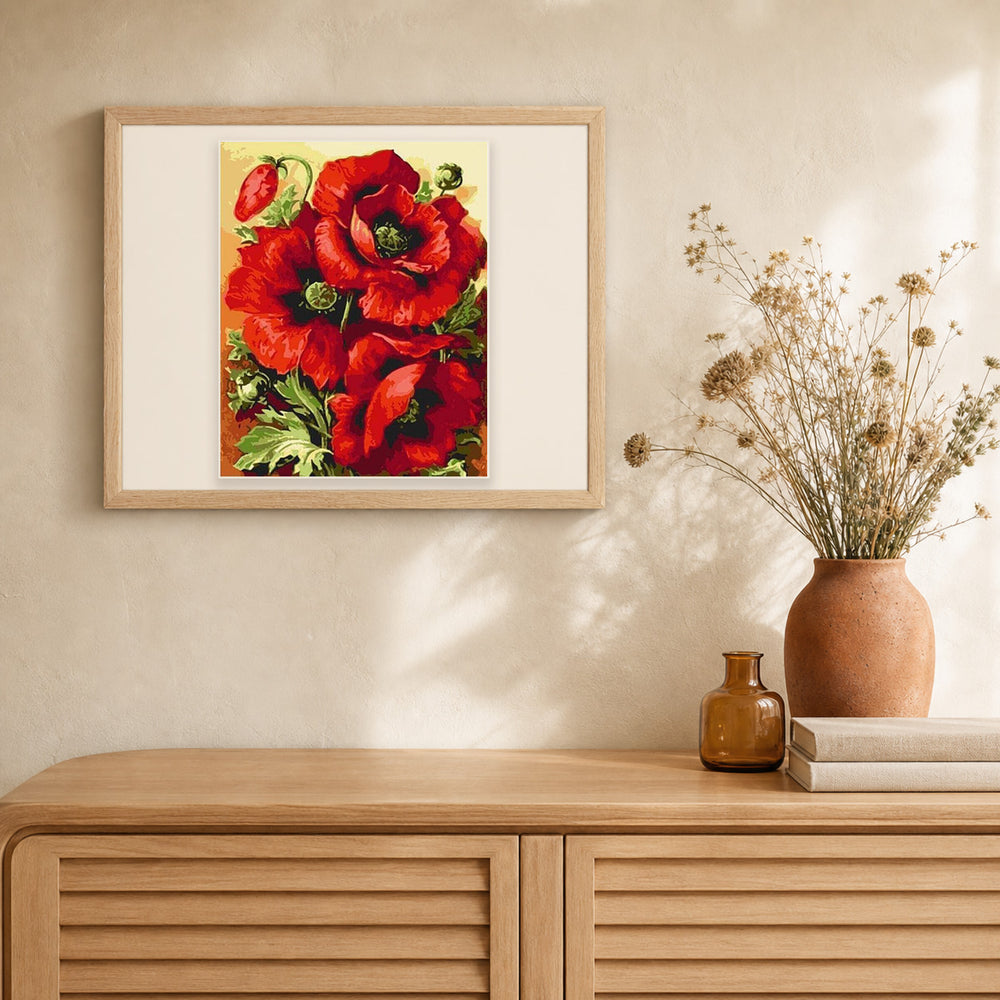 Wonderful Red Flowers artwork displayed in a warm interior