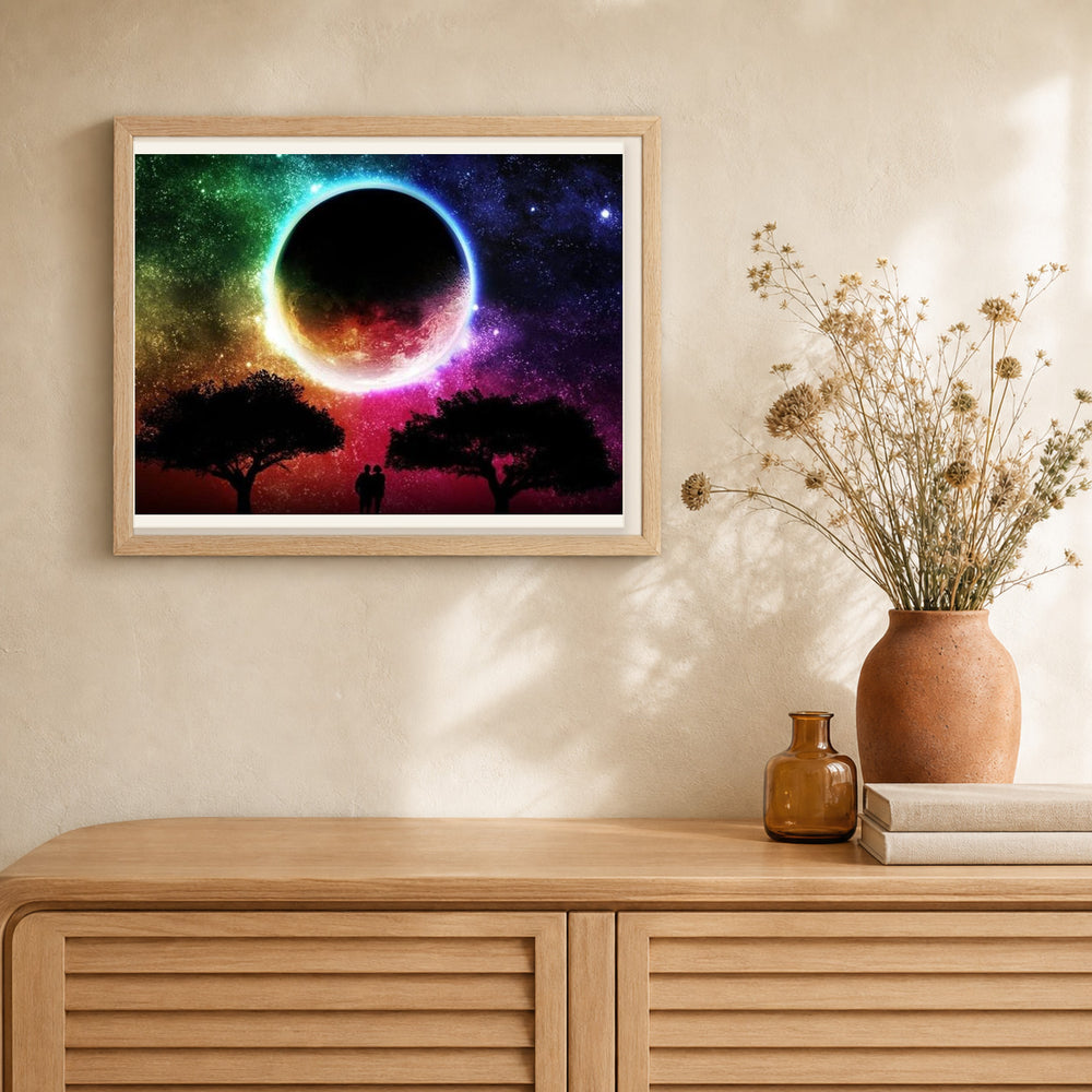 Moon colors artwork displayed in a warm interior