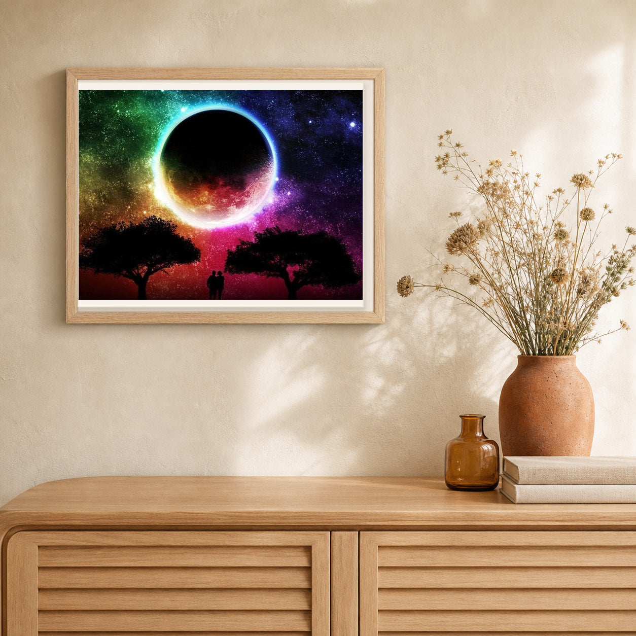 Moon colors artwork displayed in a warm interior