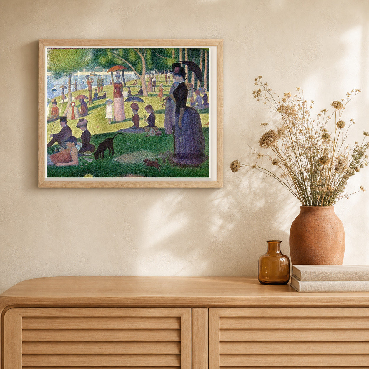 Georges Seurat - A Sunday Afternoon on the Island of La Grande Jatte artwork displayed in a warm interior