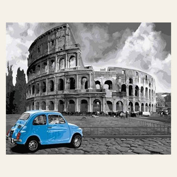 Blue Fiat and Coliseum finished paint by numbers artwork