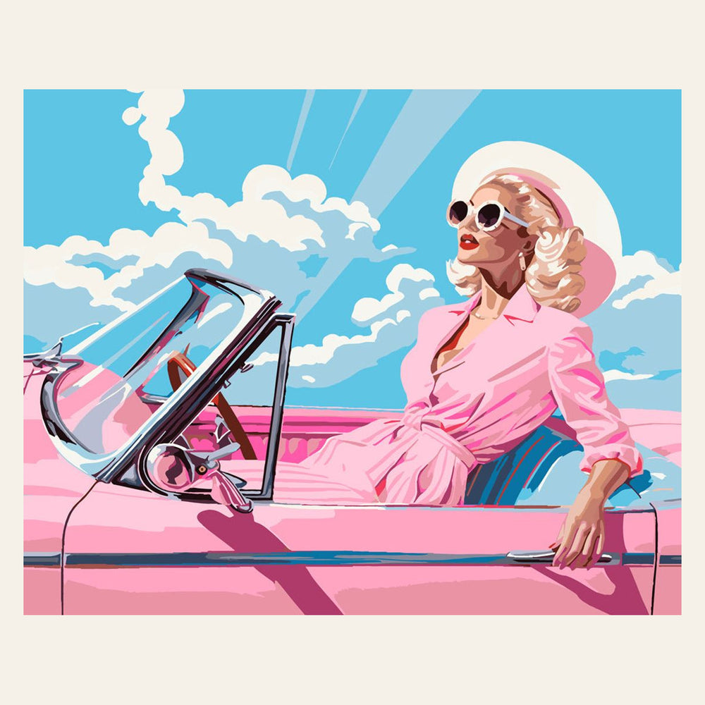 Diva in a Pink Retro Car finished paint by numbers artwork
