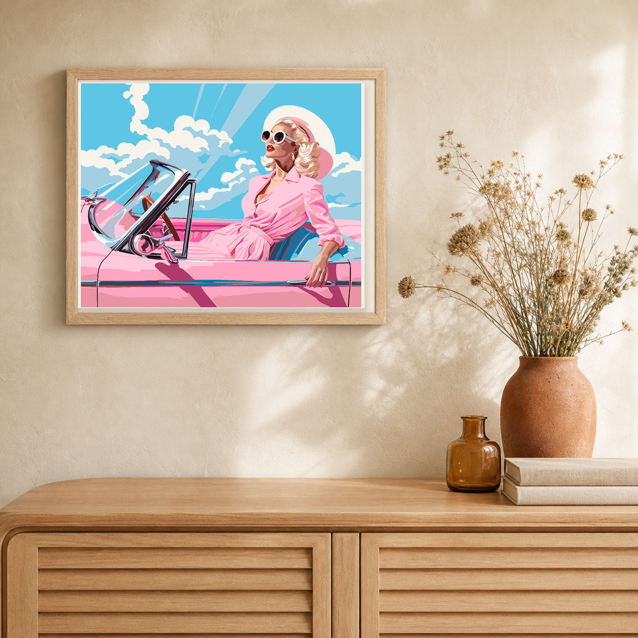 Diva in a Pink Retro Car artwork displayed in a warm interior