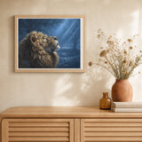 Lion and Dim Light artwork displayed in a warm interior