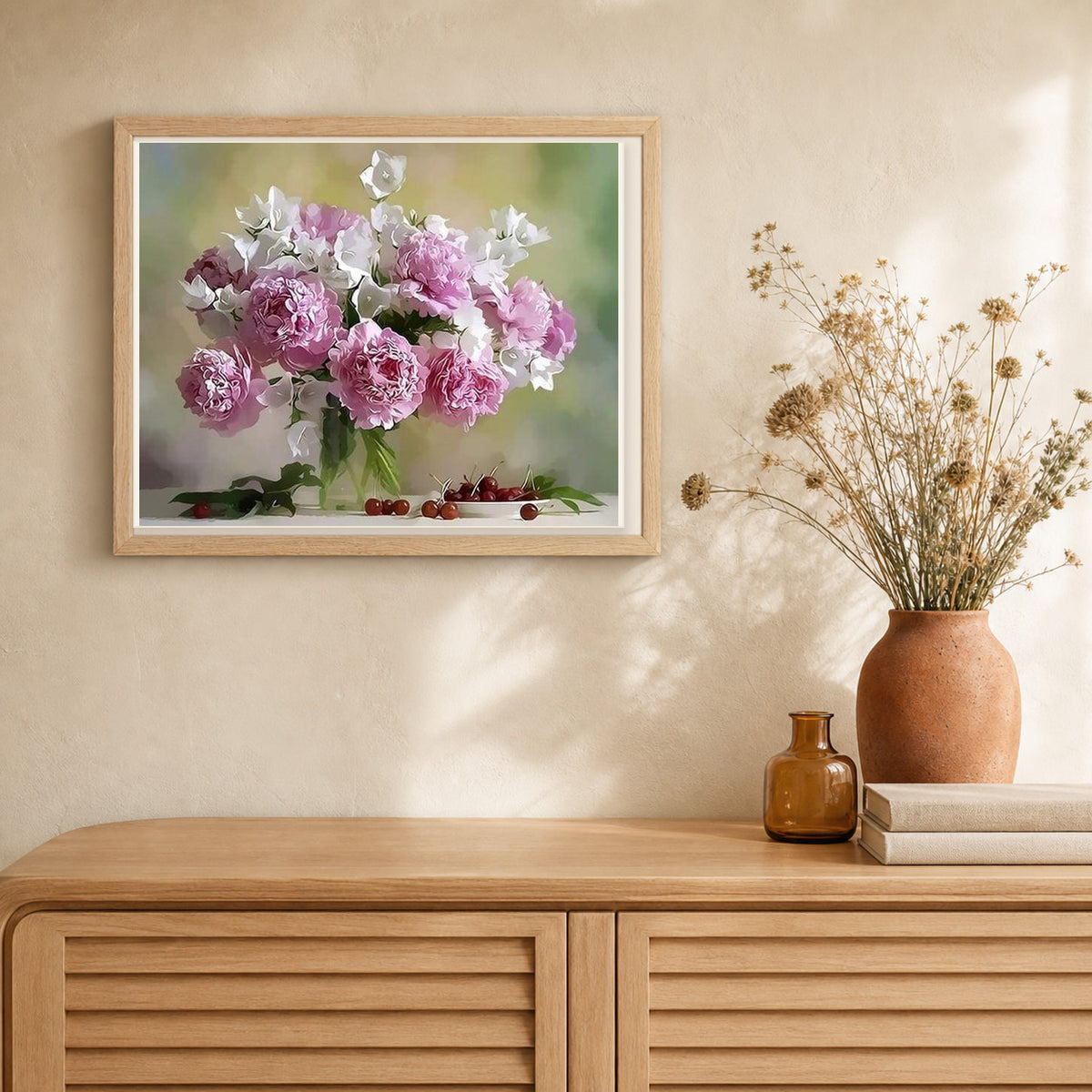 Peonies and Cherries artwork displayed in a warm interior