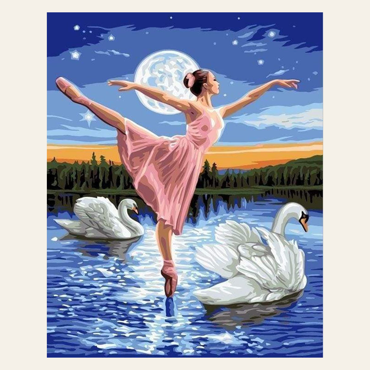 Swan Lake and Full Moon finished paint by numbers artwork