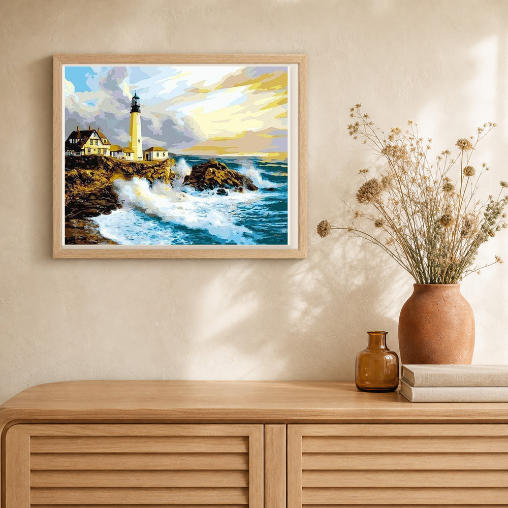 Storm near the Lighthouse artwork displayed in a warm interior