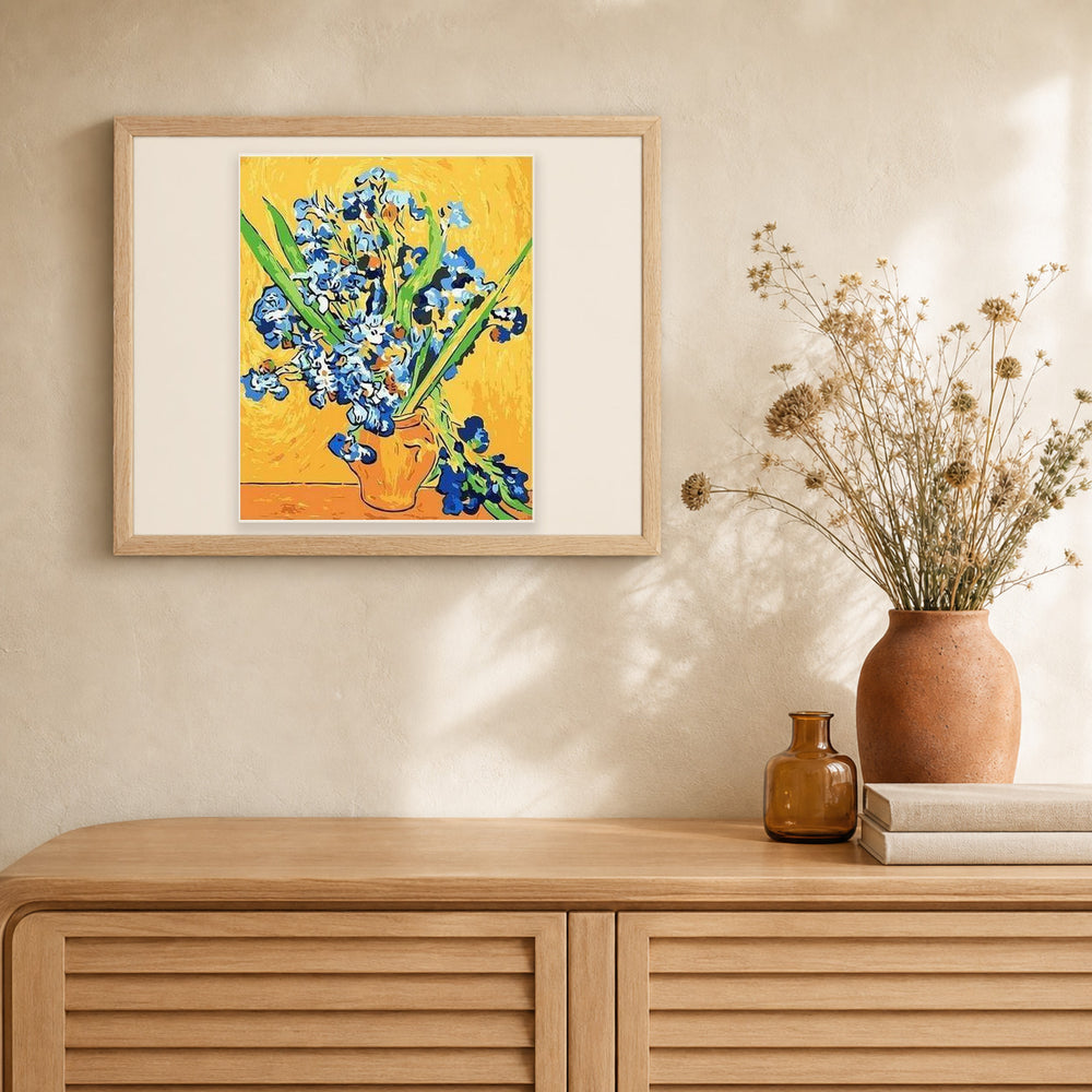 Van Gogh Irises artwork displayed in a warm interior