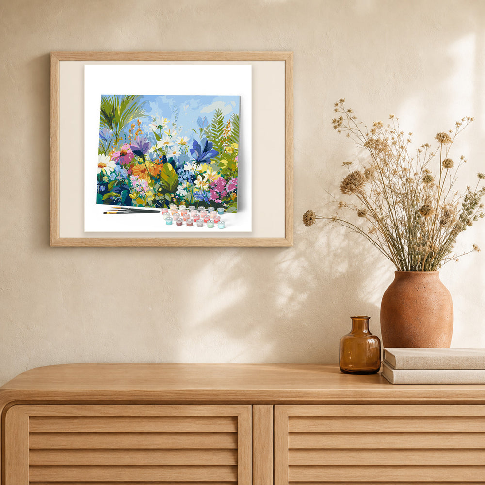 Colorful Floral Field artwork displayed in a warm interior