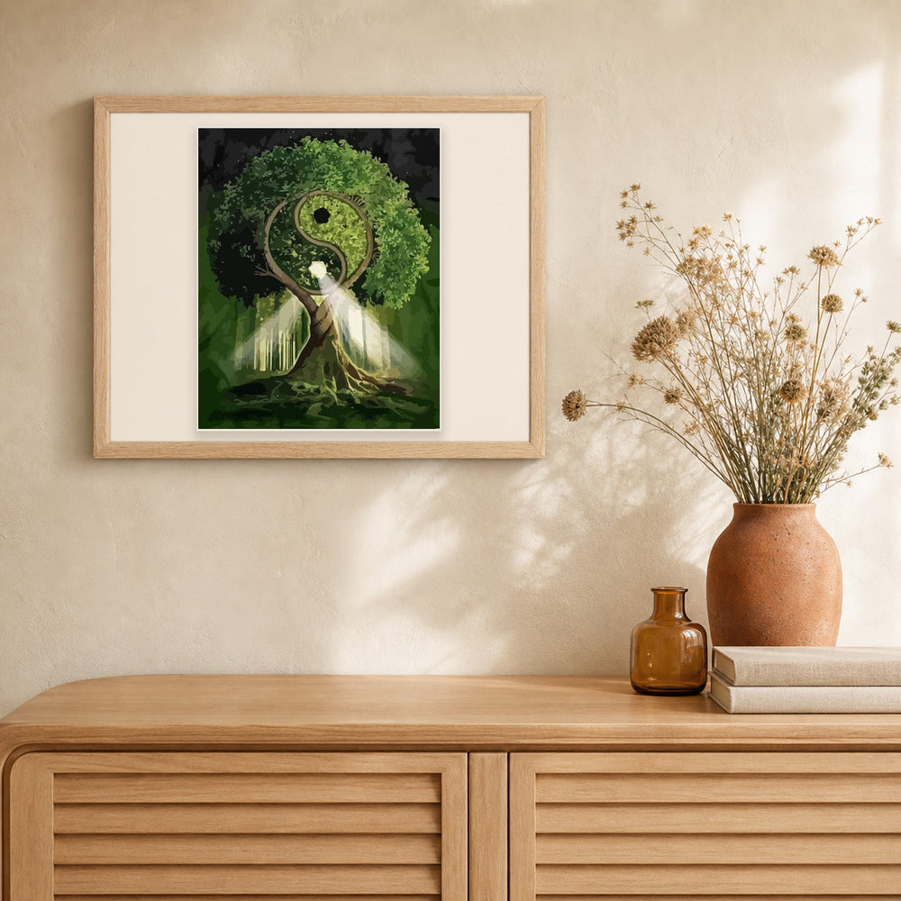 Ying Yang Tree artwork displayed in a warm interior