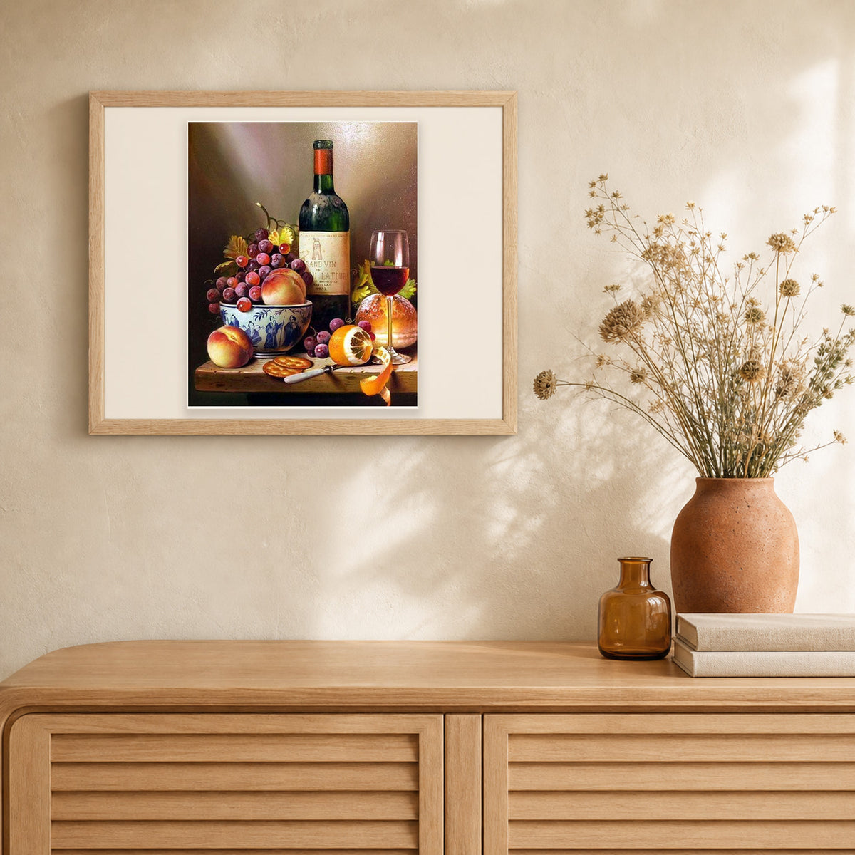 Wine and Fruits artwork displayed in a warm interior