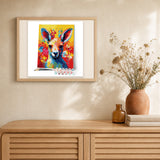 Colorful Abstract Kangaroo artwork displayed in a warm interior