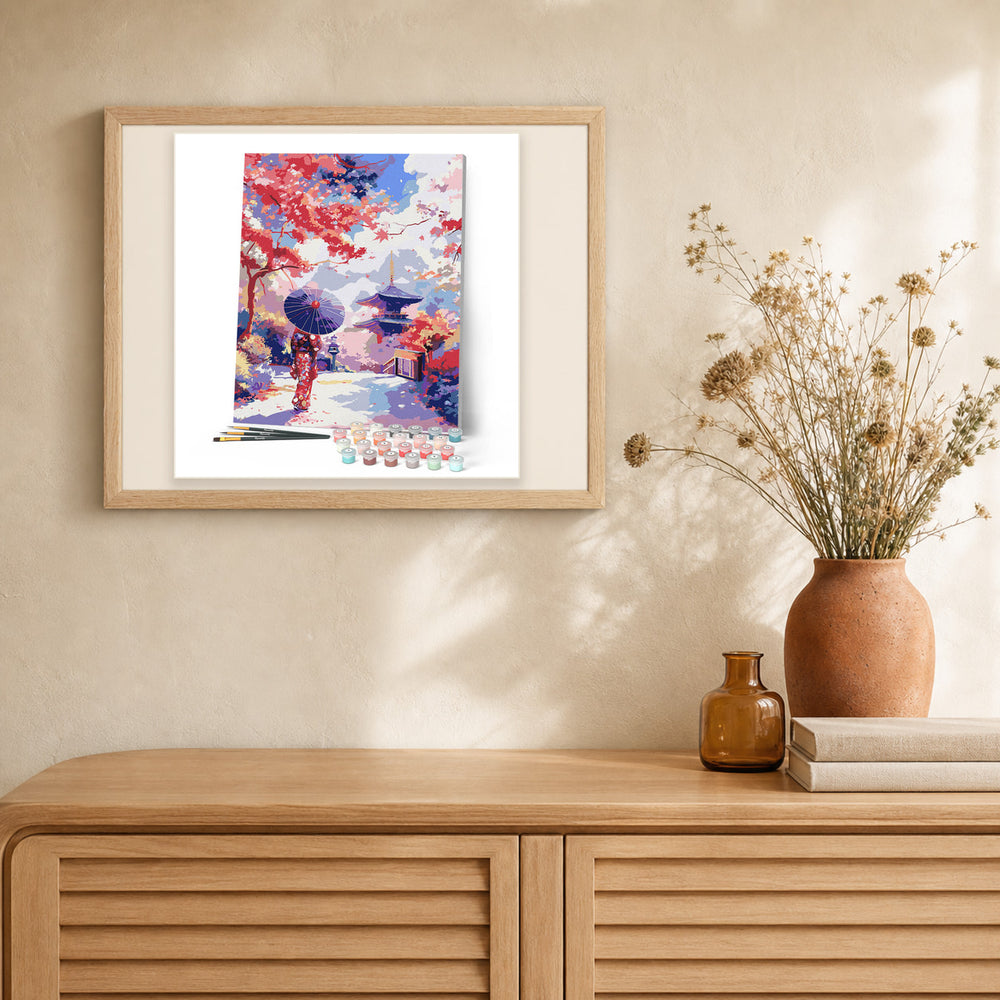 Japanese Garden in the Fall artwork displayed in a warm interior