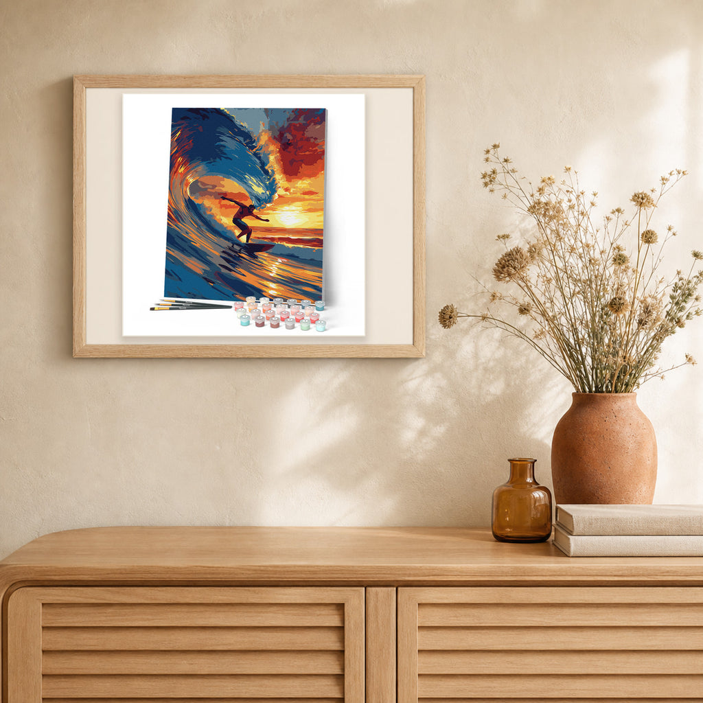Big Wave Surfing artwork displayed in a warm interior