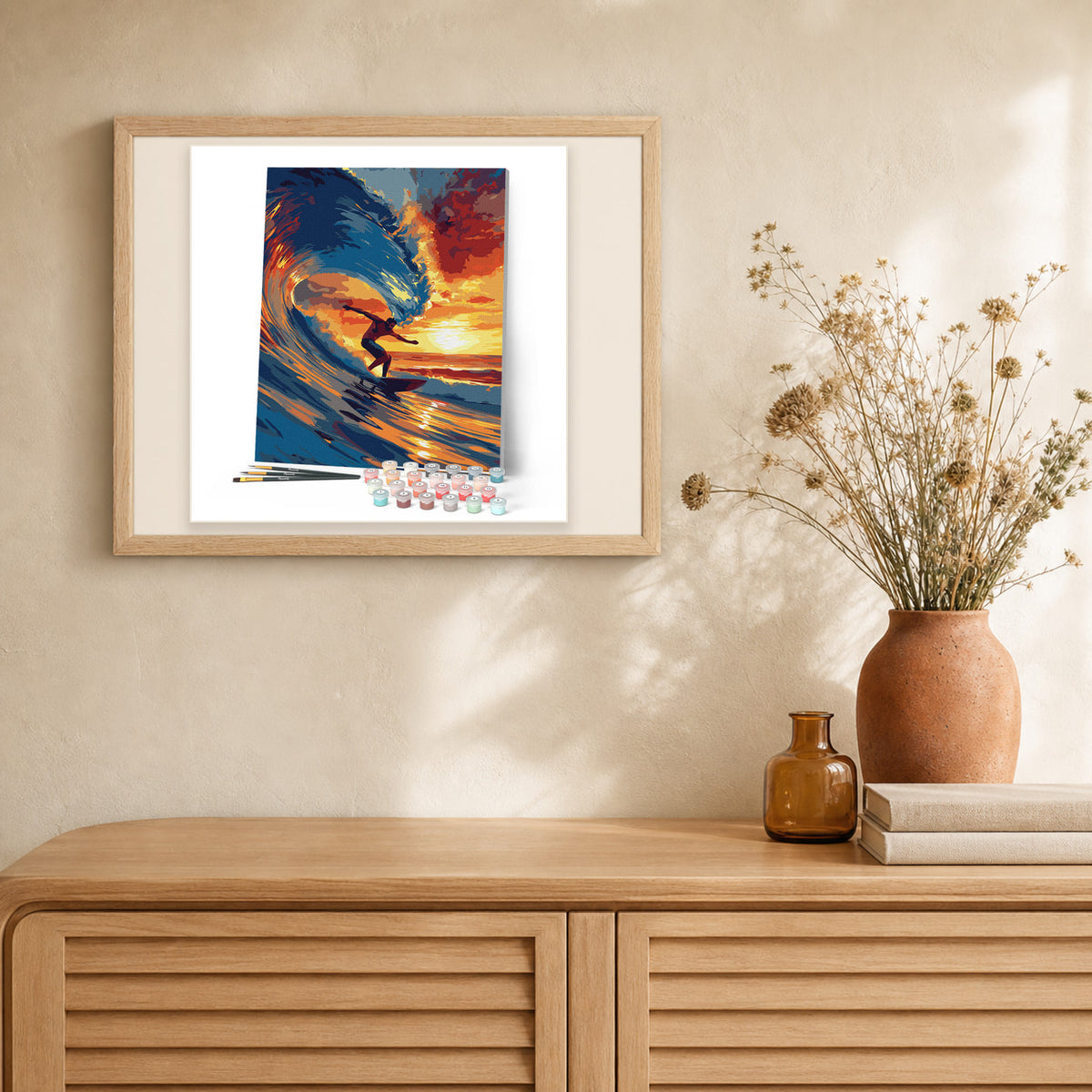 Big Wave Surfing artwork displayed in a warm interior