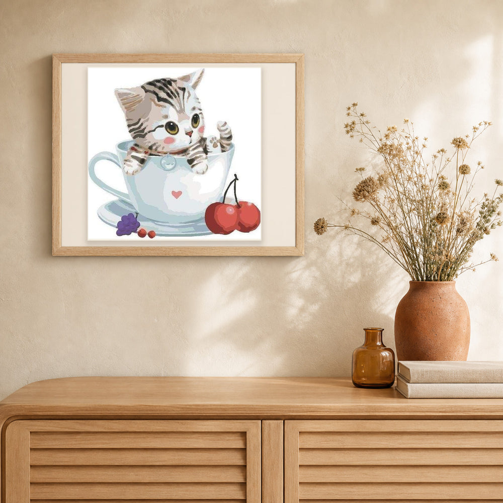 Cherry Cat artwork displayed in a warm interior