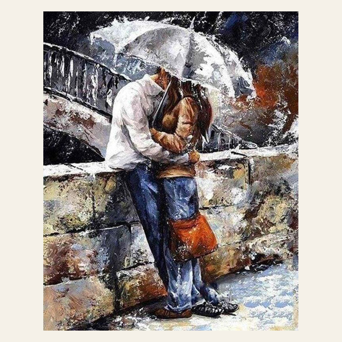 Couple in the Rain finished paint by numbers artwork