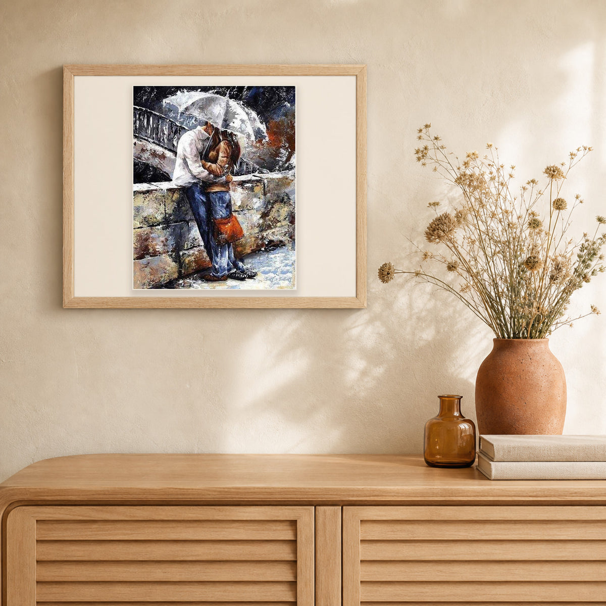 Couple in the Rain artwork displayed in a warm interior