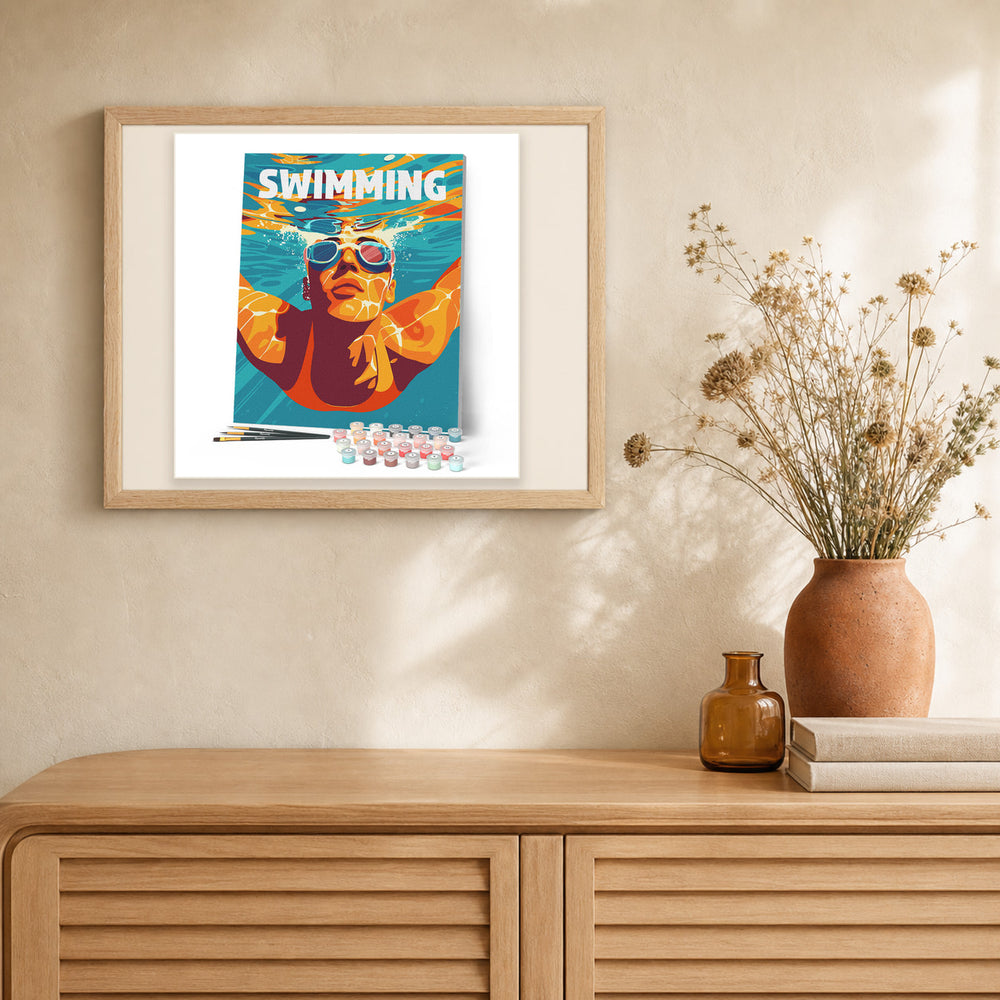 Sport Poster Swimming artwork displayed in a warm interior