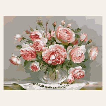 Bouquet of Pink Flowers on a small Table finished paint by numbers artwork