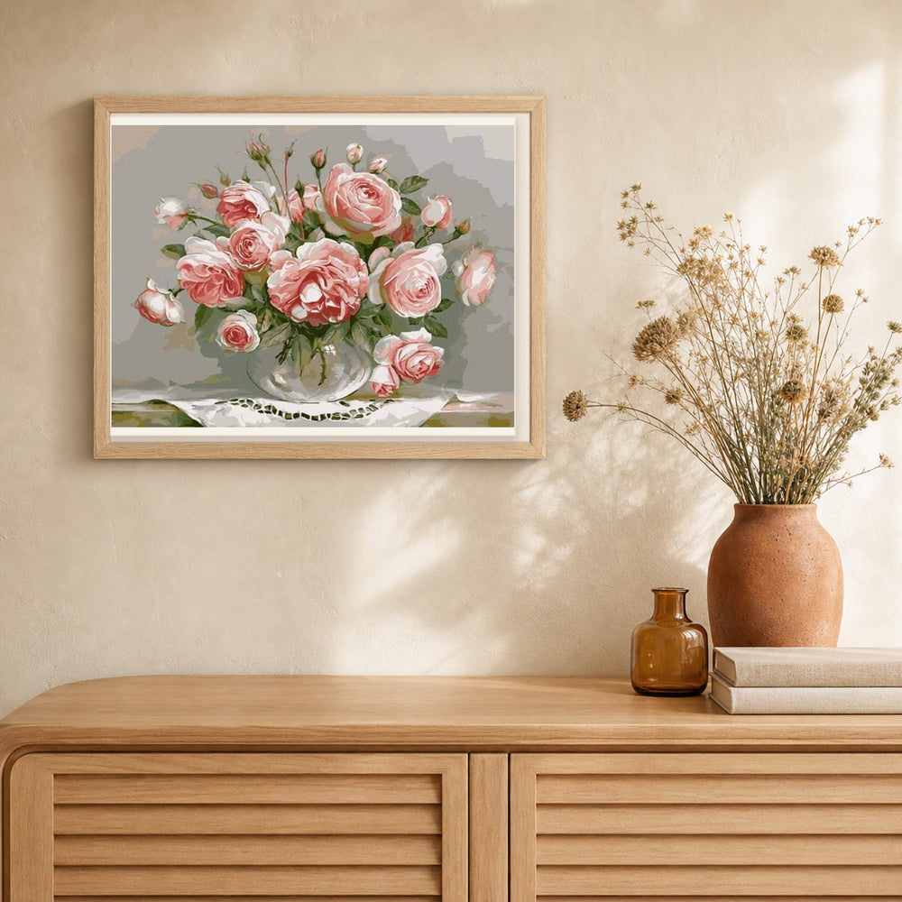 Bouquet of Pink Flowers on a small Table artwork displayed in a warm interior