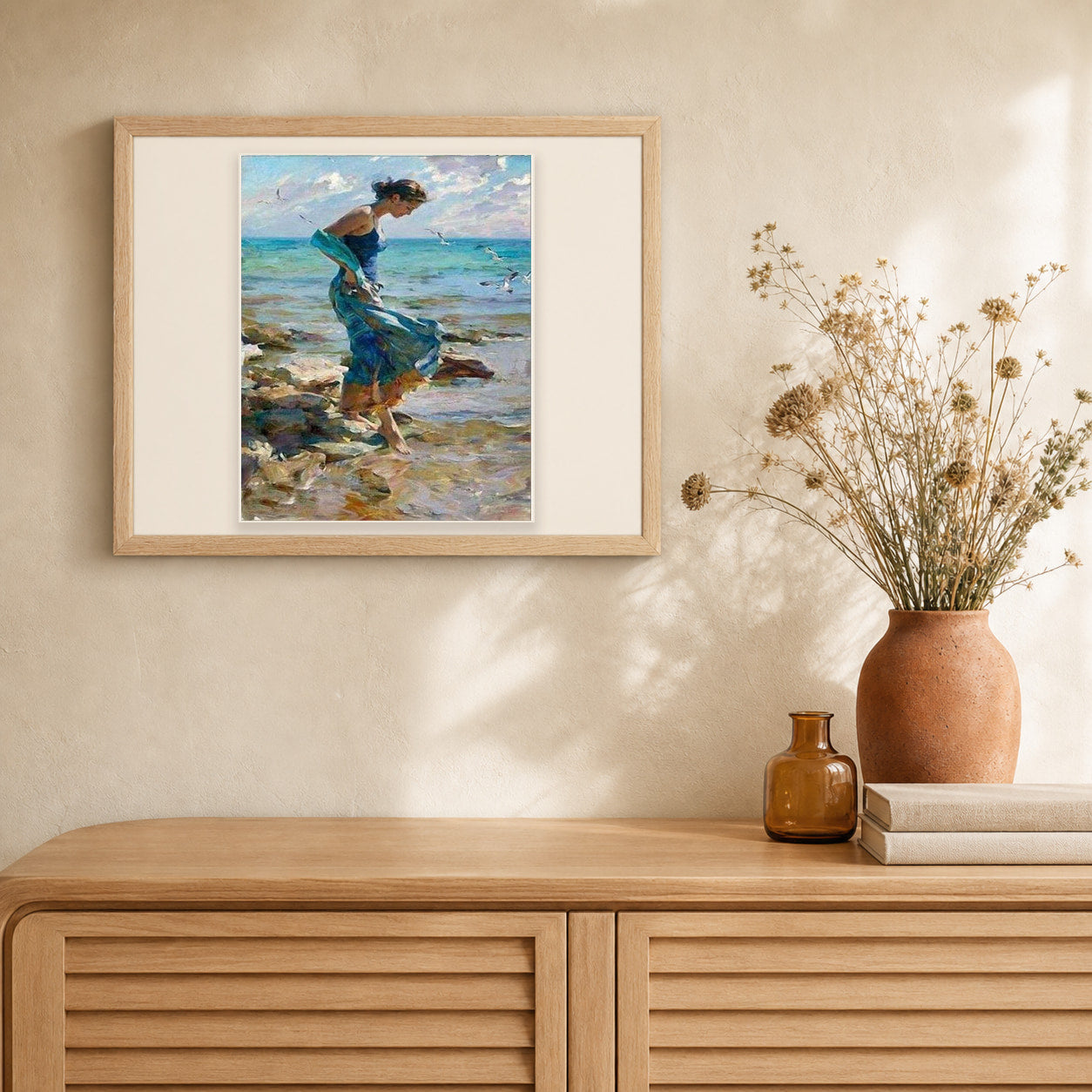 Feet in water during Summer artwork displayed in a warm interior