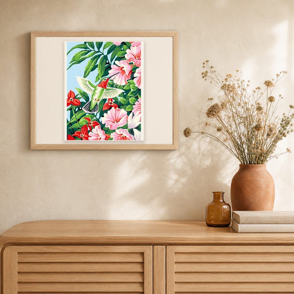 Hummingbird in the Flowers artwork displayed in a warm interior