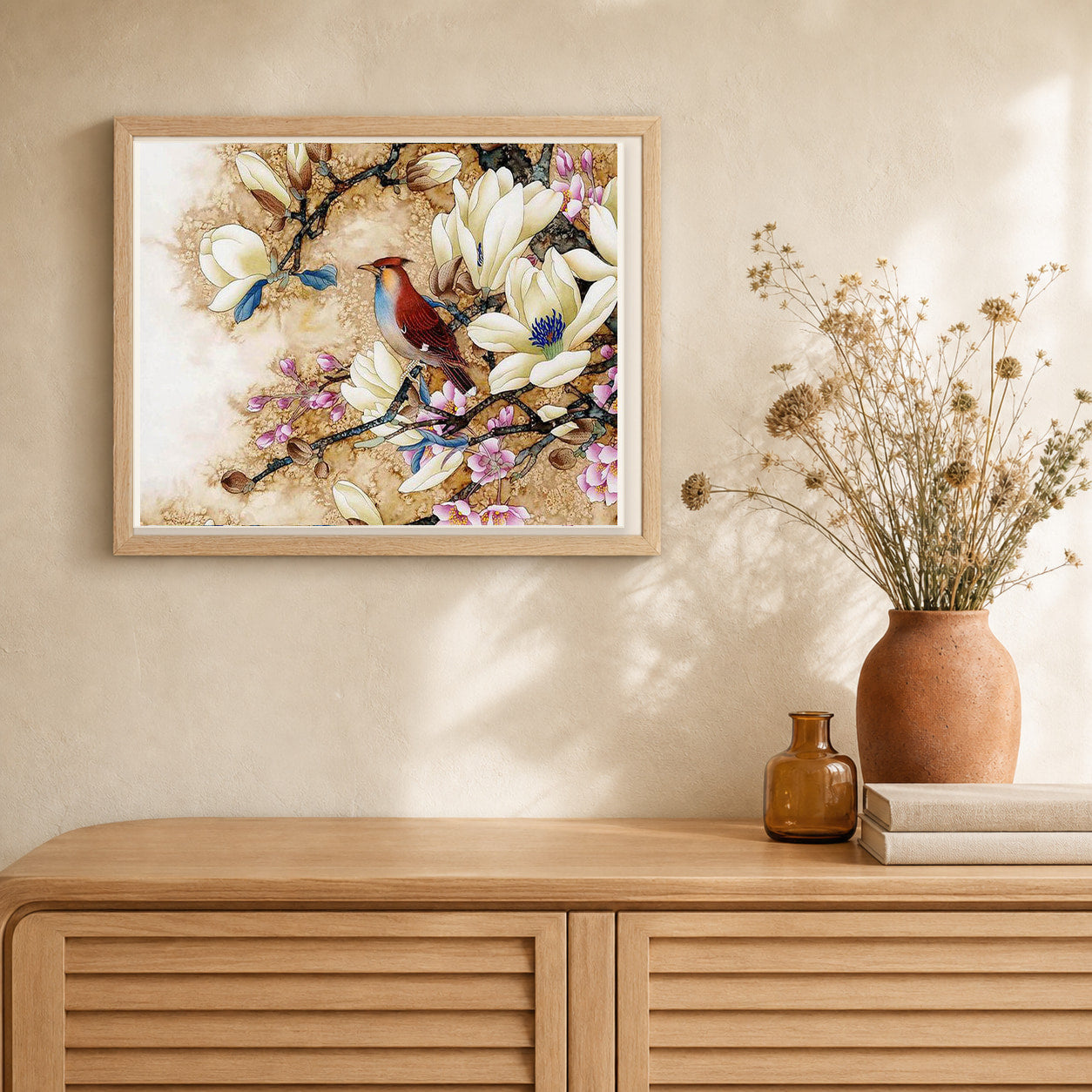 Magnolias in Bloom artwork displayed in a warm interior