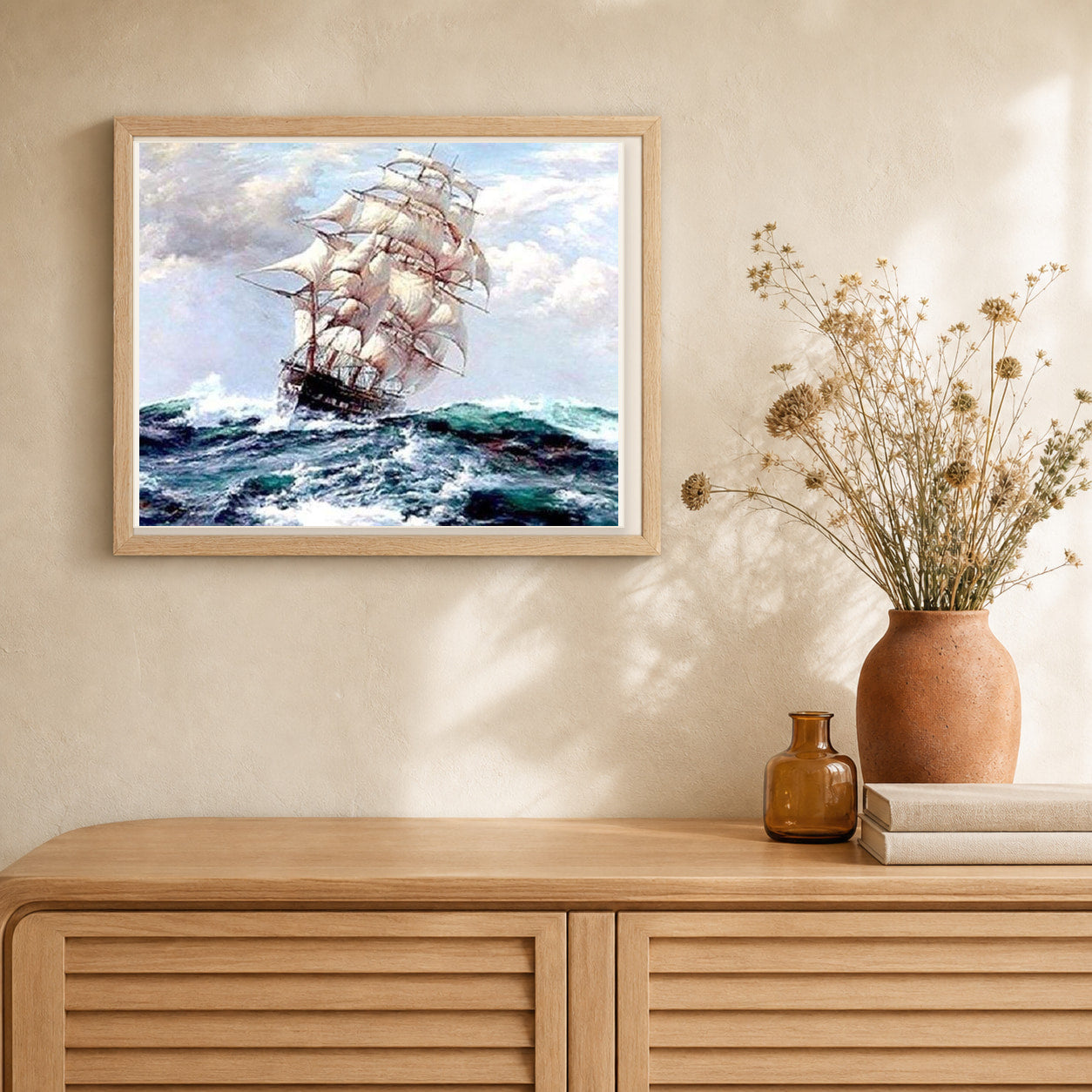Sailboat and Storm artwork displayed in a warm interior