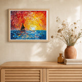 Sailboat and Rising Sun artwork displayed in a warm interior