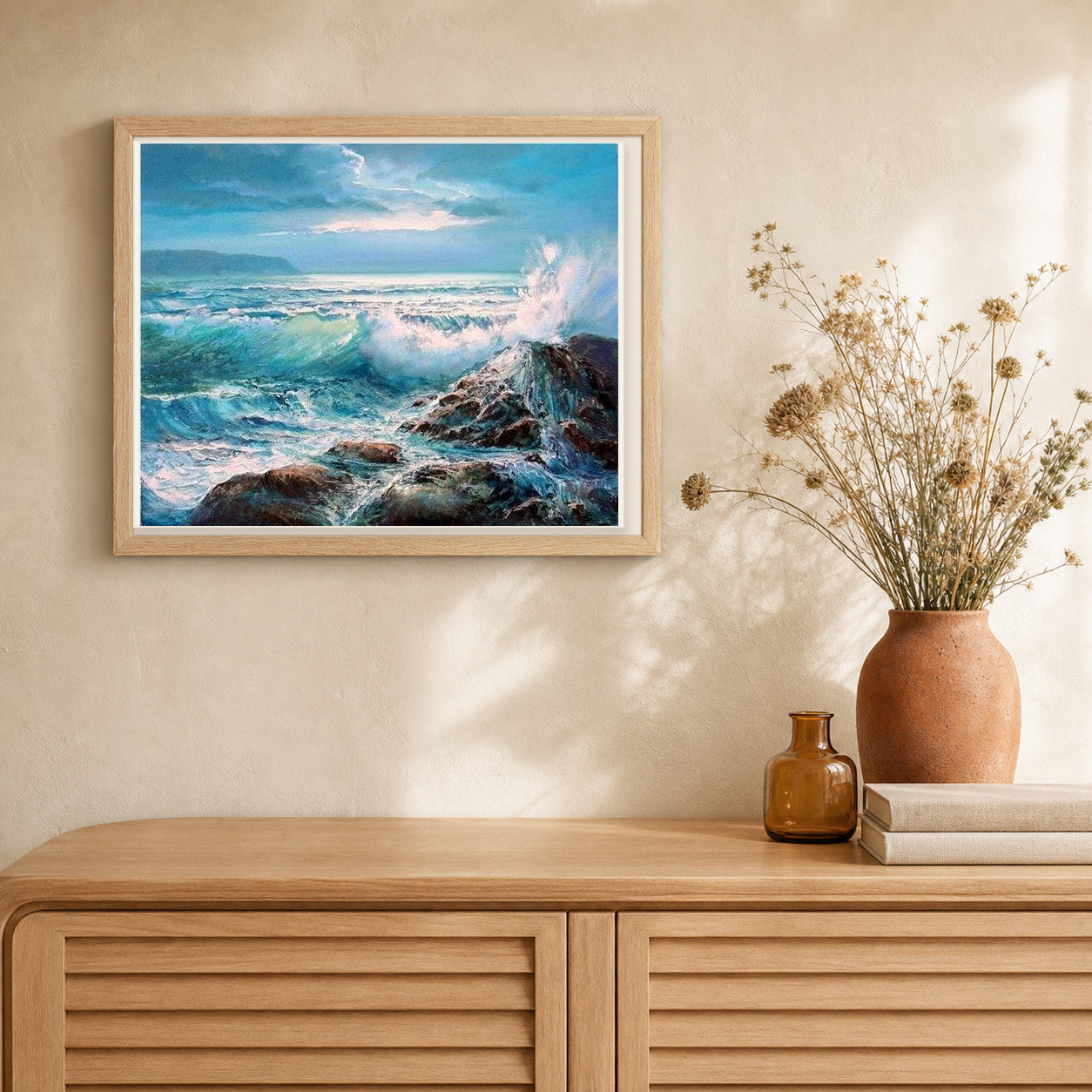 Waves artwork displayed in a warm interior