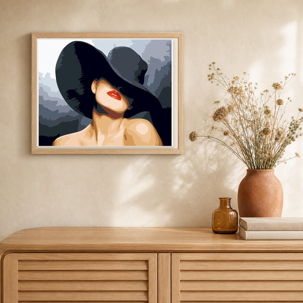 Woman Wearing a Black Hat artwork displayed in a warm interior