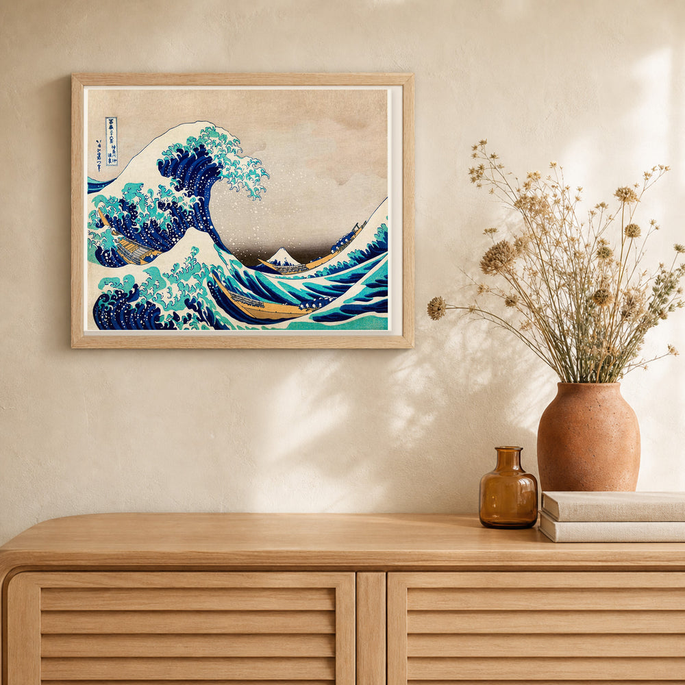 The Great Wave of Kanagawa by Katsushika Hokusai artwork displayed in a warm interior