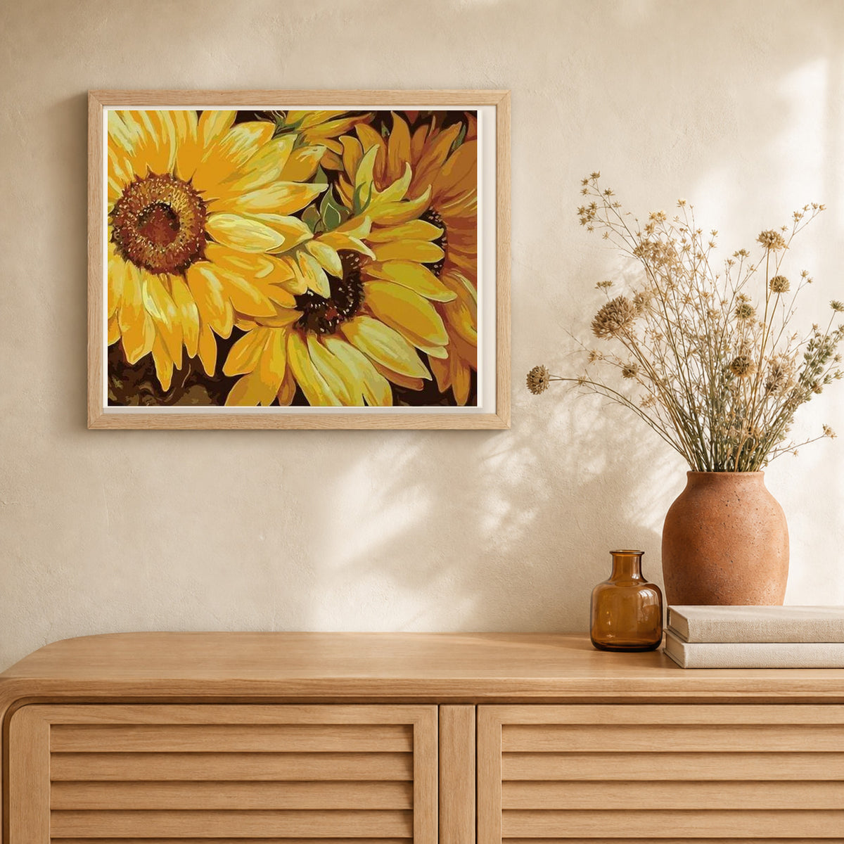 Sunflower In Full Bloom artwork displayed in a warm interior