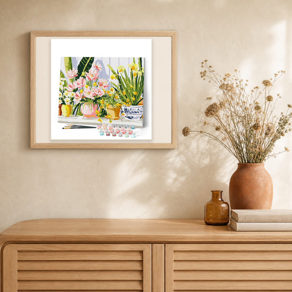Pastel Flower Pots artwork displayed in a warm interior