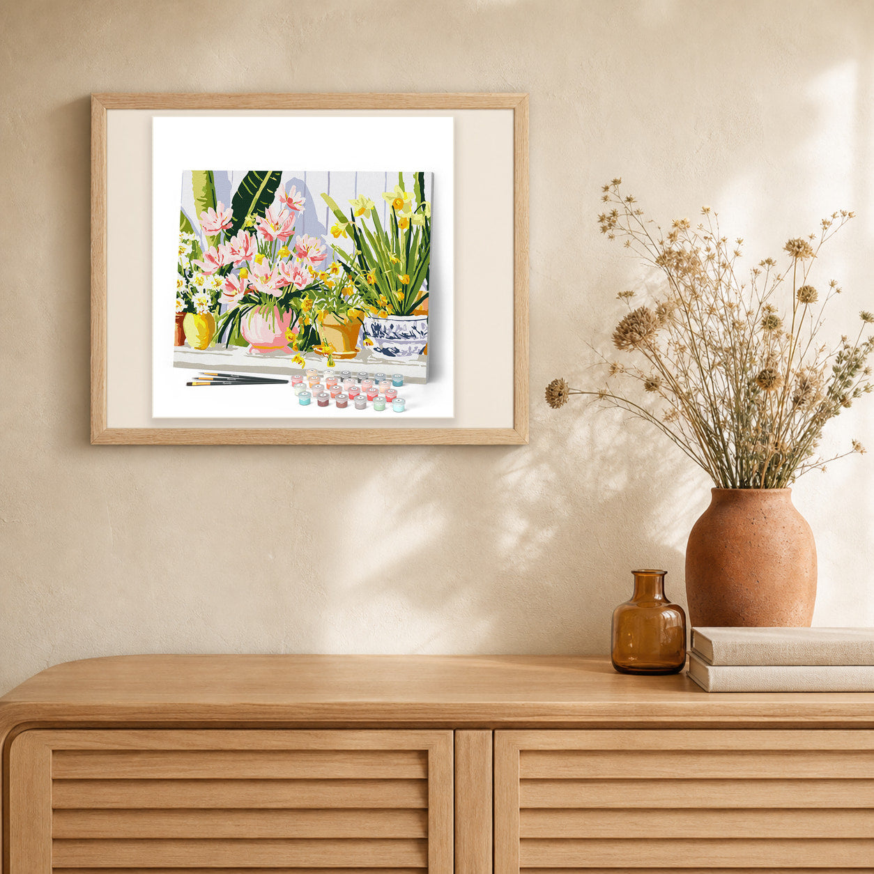 Pastel Flower Pots artwork displayed in a warm interior