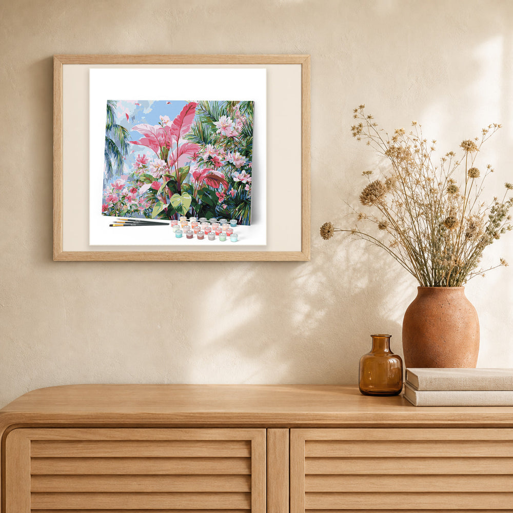 Tropical Pink Bloom artwork displayed in a warm interior