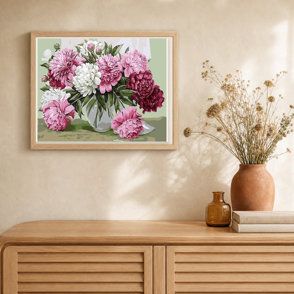 Pretty Peonies in Transparent Vase artwork displayed in a warm interior