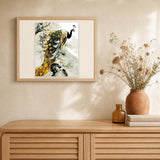 Golden Peacock artwork displayed in a warm interior