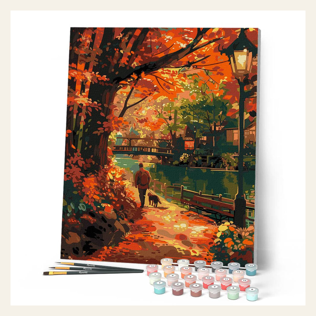 Dog Walk in Fall finished paint by numbers artwork