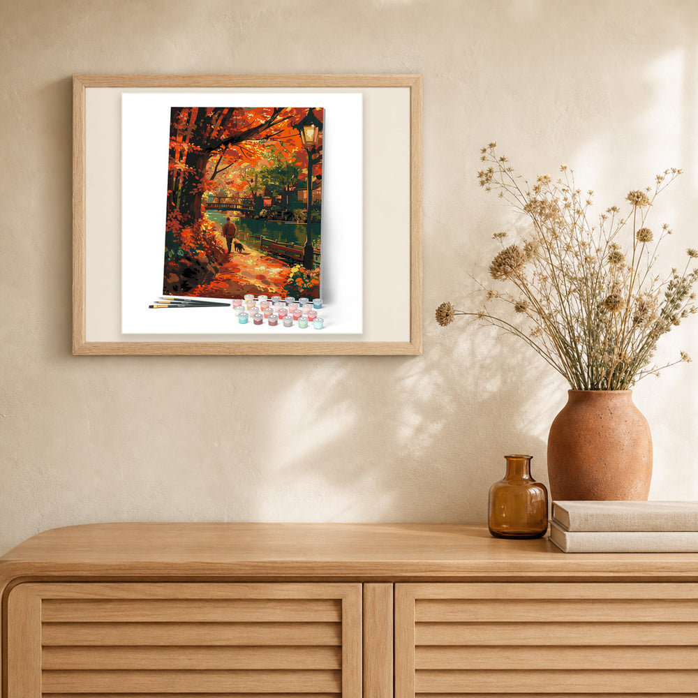 Dog Walk in Fall artwork displayed in a warm interior