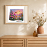 Sunset Among Wildflowers artwork displayed in a warm interior