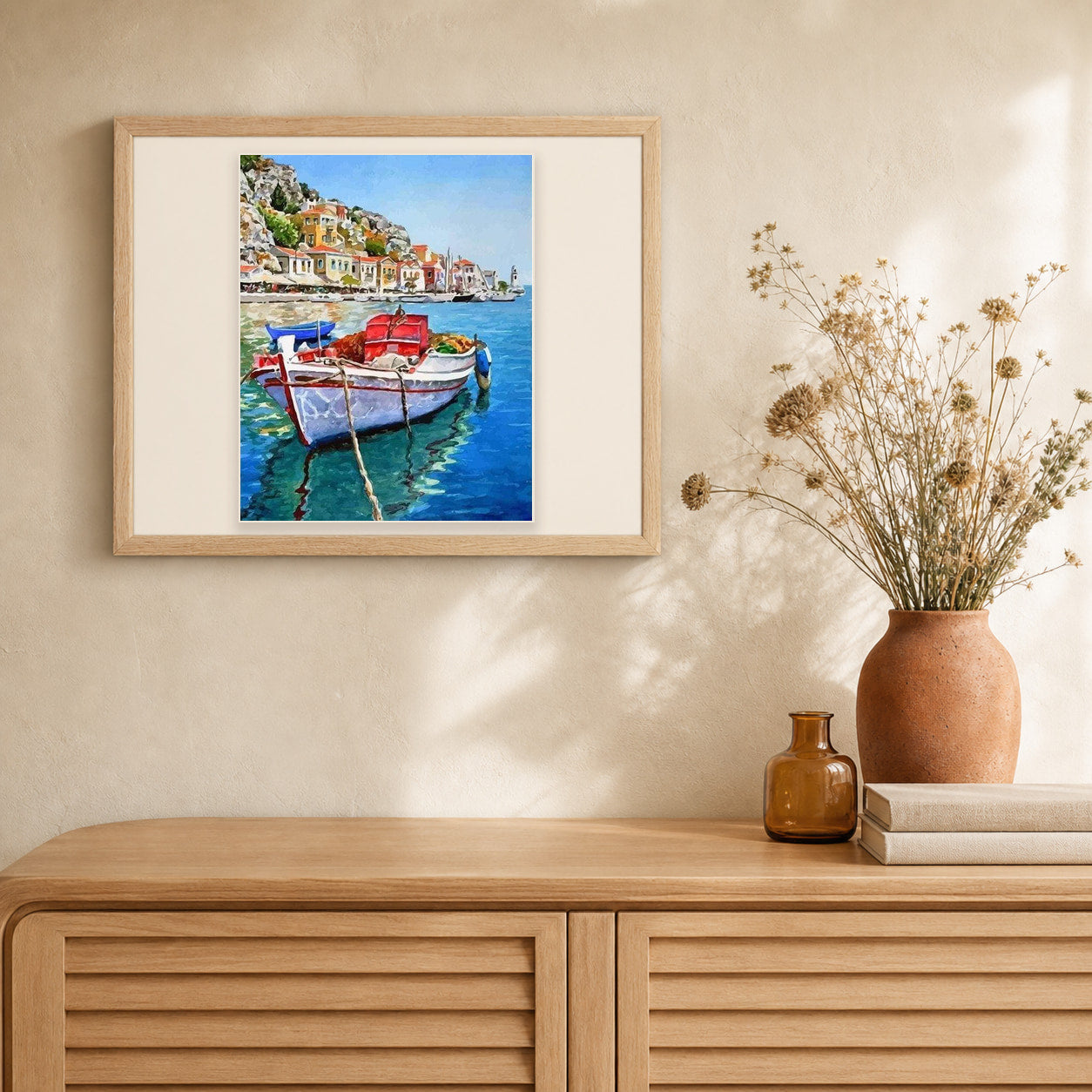 Boat moored at the Port artwork displayed in a warm interior