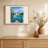 Boat on the Mountain Lake artwork displayed in a warm interior