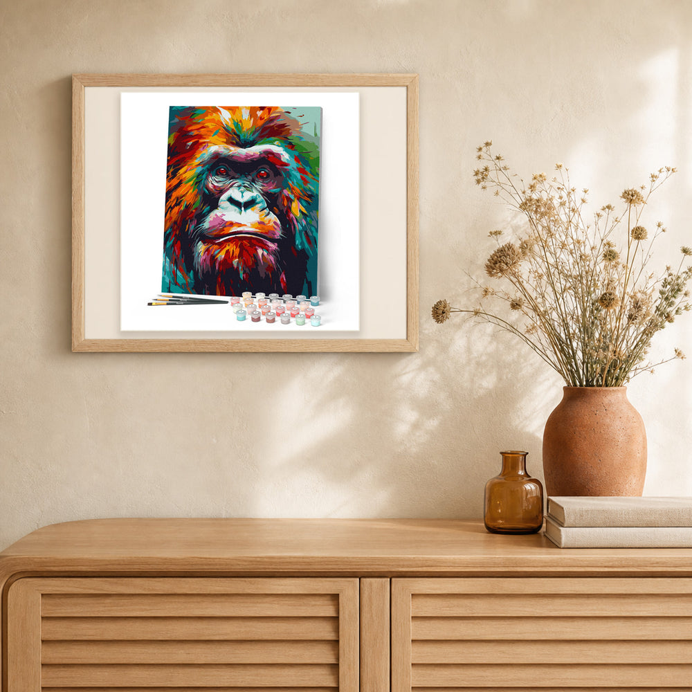 Colorful Abstract Orangutan artwork displayed in a warm interior