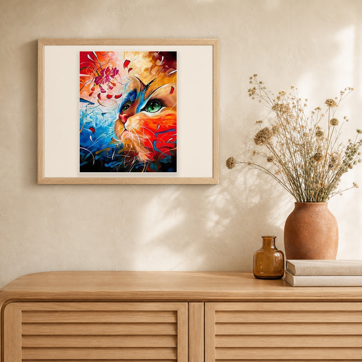 Colored cat artwork displayed in a warm interior